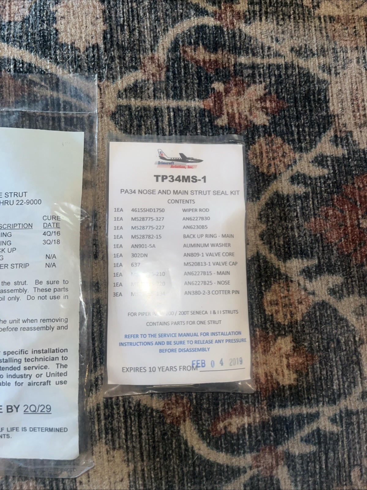 JMPA22 Strut Seal Kit Piper TP34MS-1 Nose