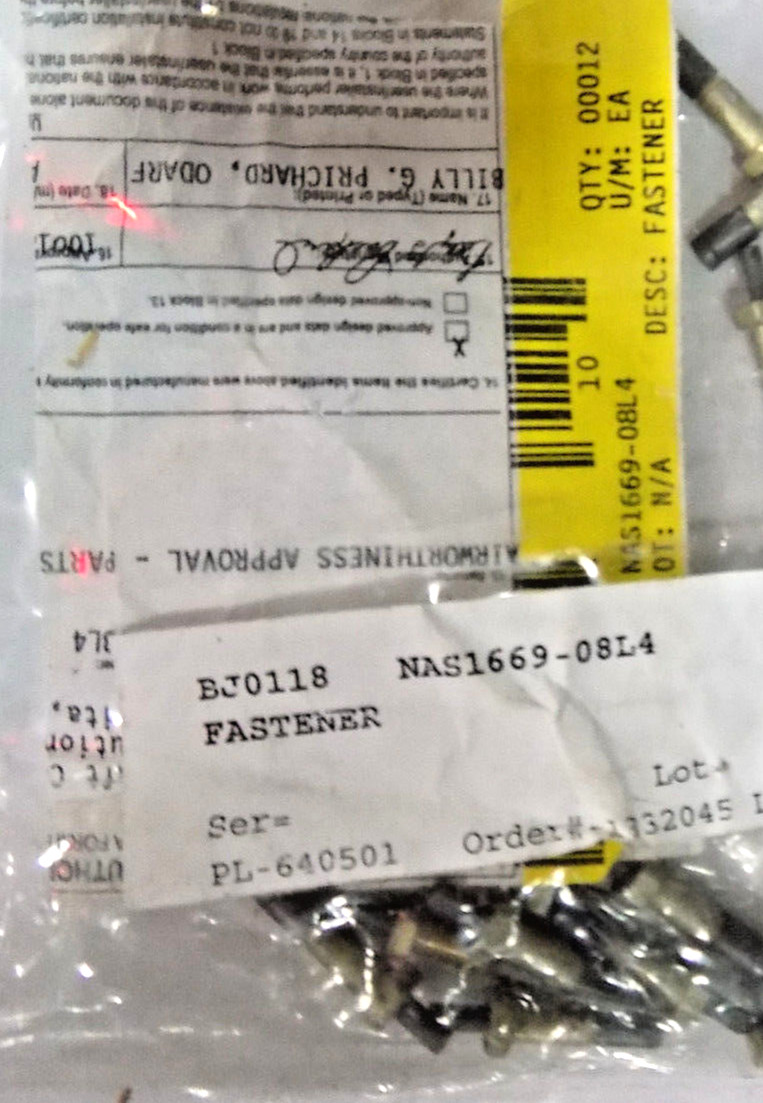 PN# NAS1669-08L4 Blind Fastener (9 in a pkg.) WITH 8130-3 TAG