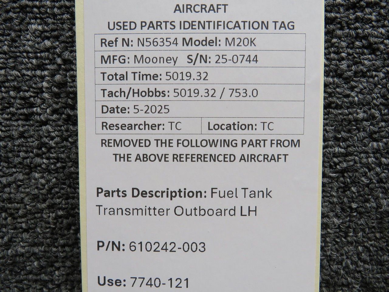 610242-003 (Alt: 7740-121) Mooney M20K Fuel Tank Transmitter Outboard LH