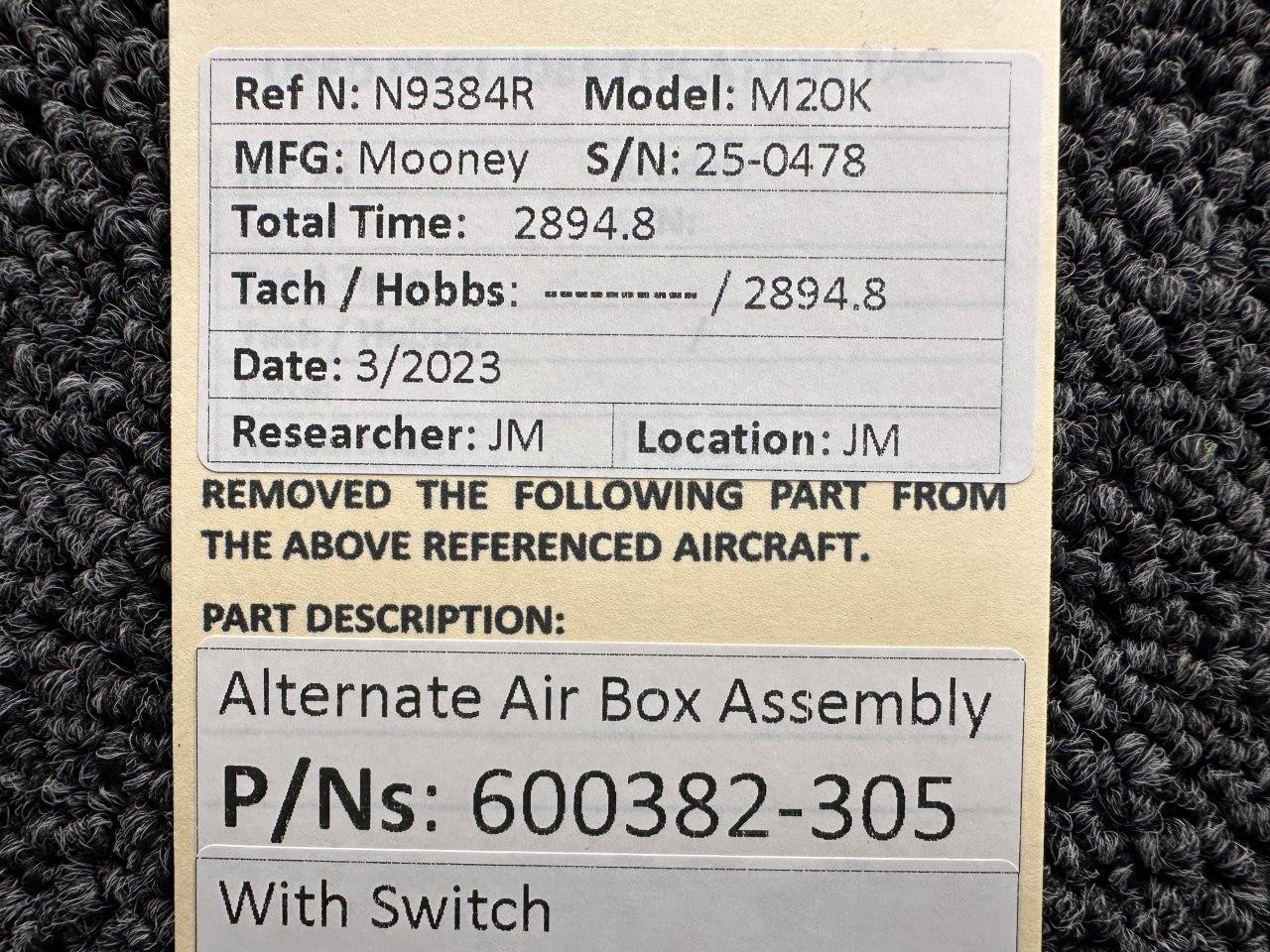 600382-305 Mooney M20K Alternate Air Box Assembly with Switch