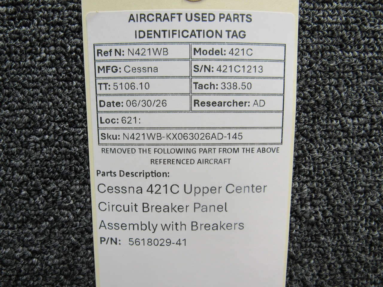 5618029-41 Cessna 421C Upper Center Circuit Breaker Panel Assembly with Breakers