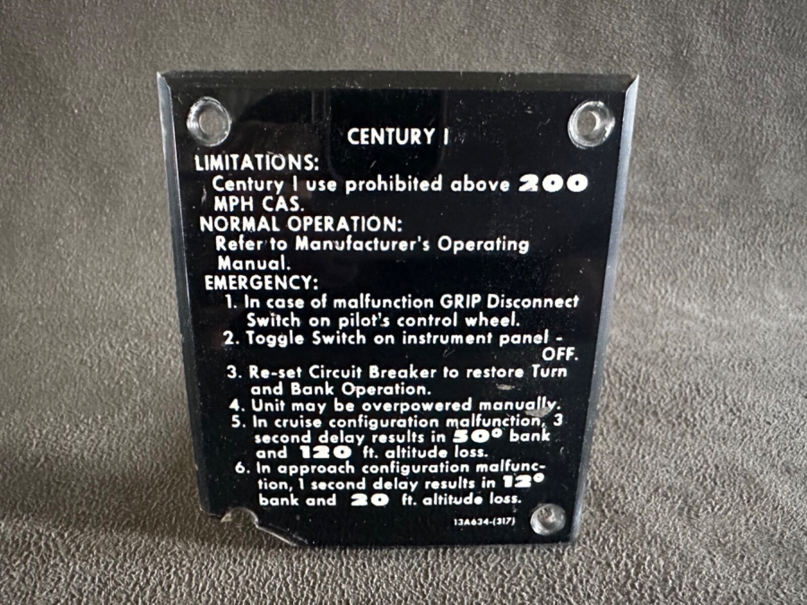 Century I Autopilot Operations & Limitations Instruction Placard 13A634-(317)