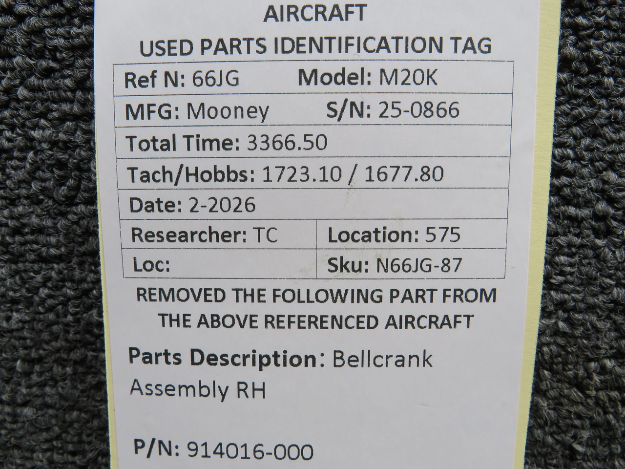 914016-000 Mooney M20K Bellcrank Assembly RH