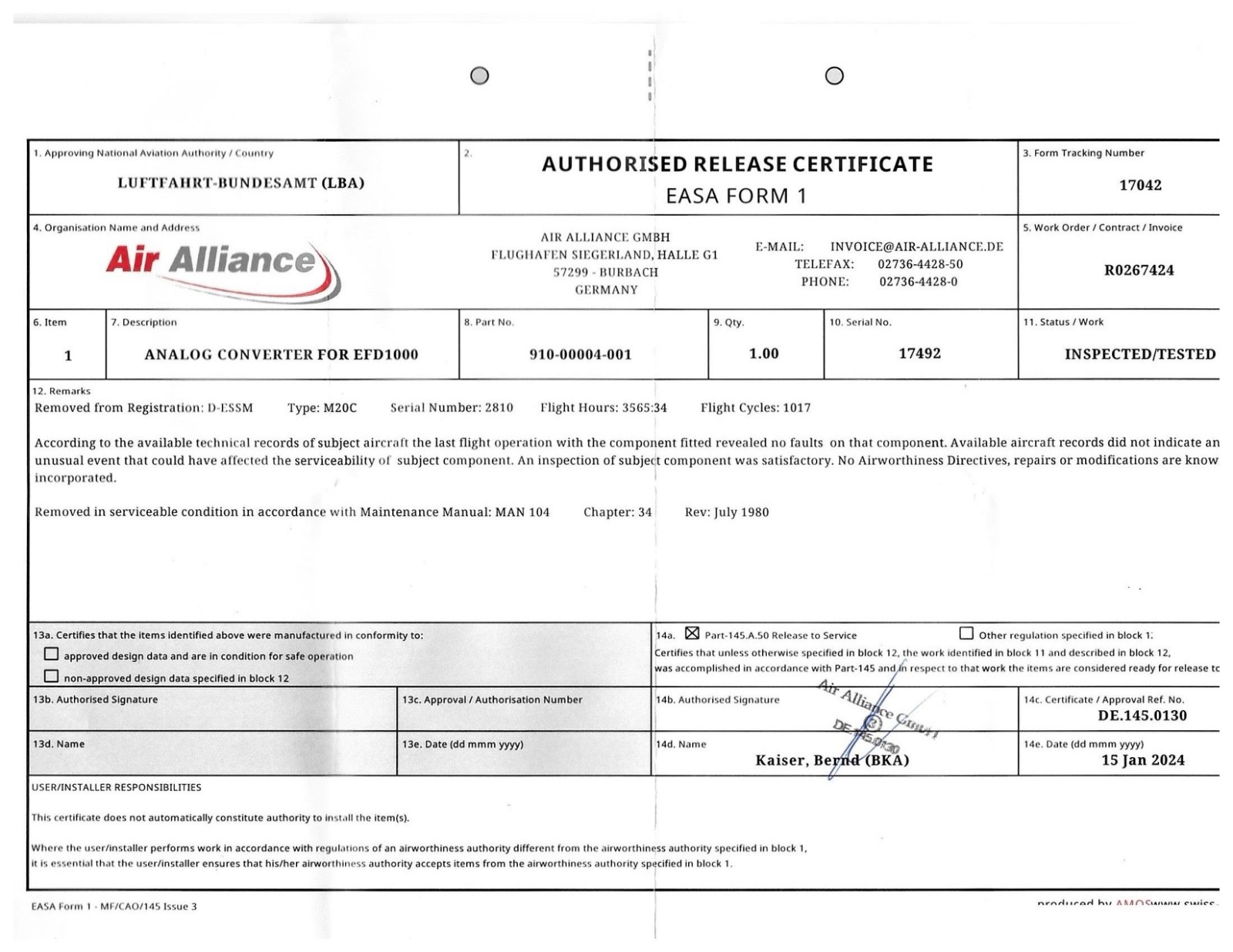 Aspen analog converter ACU 1 PN: 910-00004-001 SN: 17492 with EASA Form 1