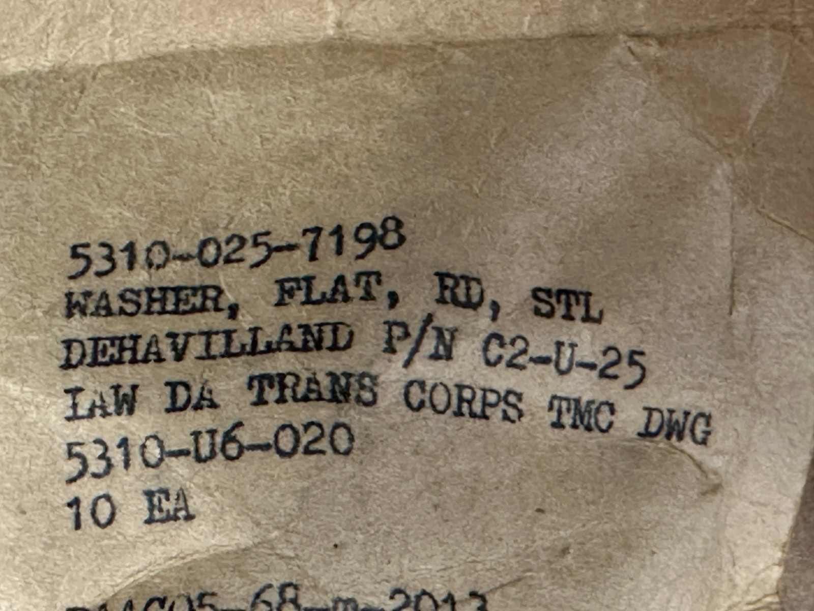 DeHavilland DHC-2 Beaver Washer, Flat, Rd, Stl 1 each P/N C2U25 New