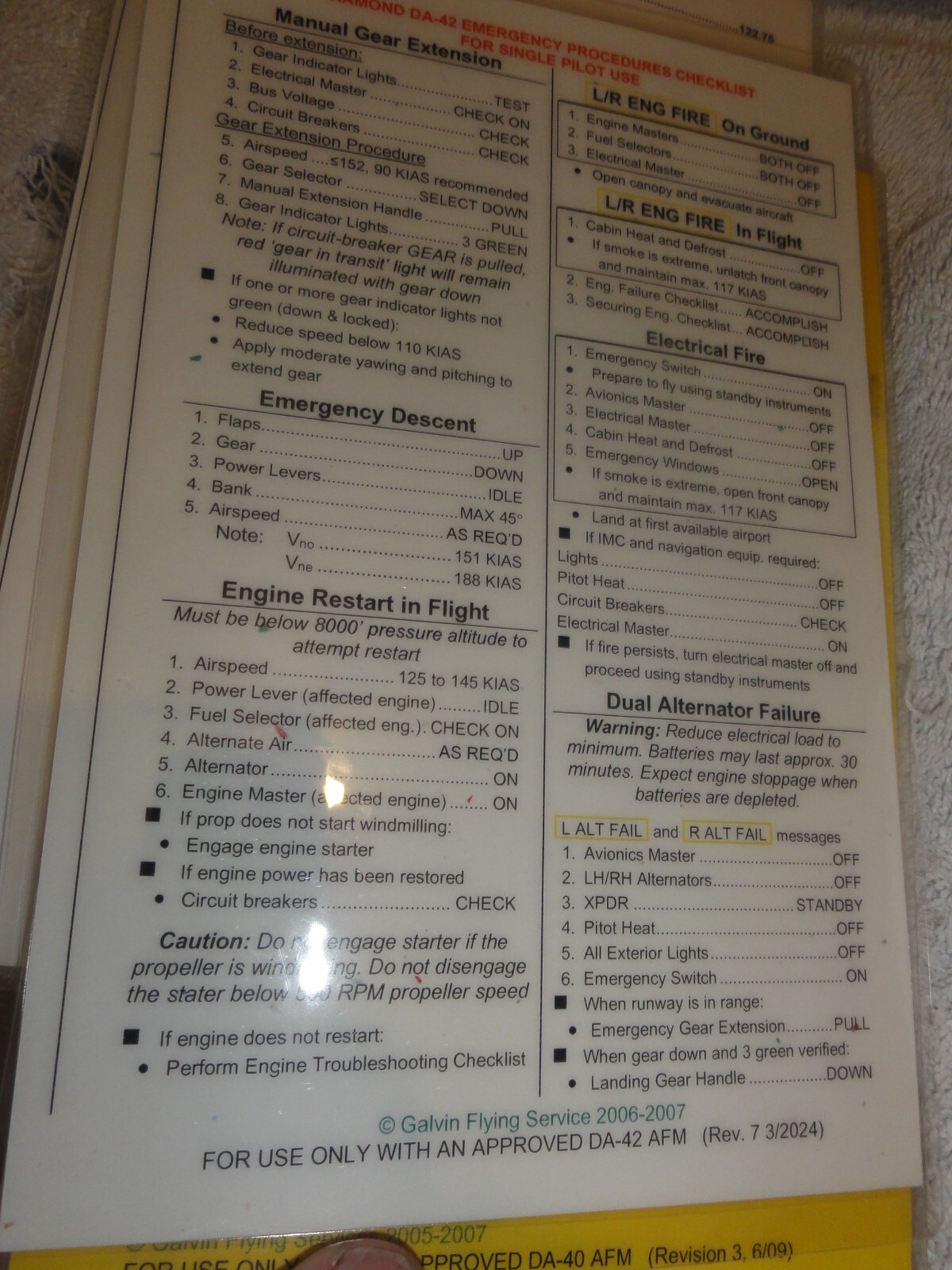 NEW Diamond DA40 DA42 G1000 Aircraft Pilot Procedure Checklist Laminated Cards