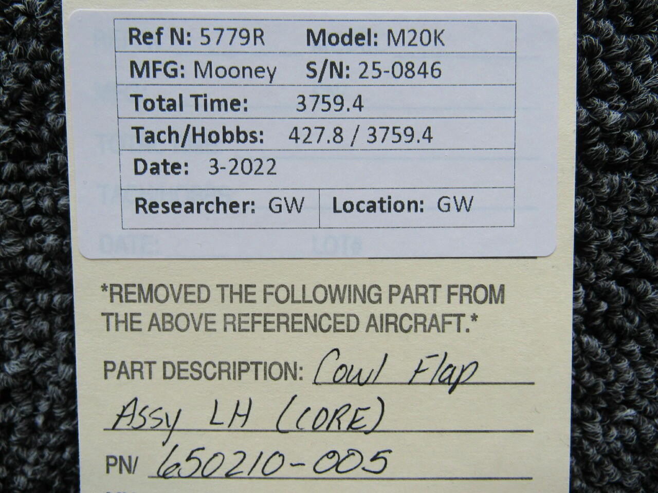 650210-005 Mooney M20K Cowl Flap Assembly LH (CORE)