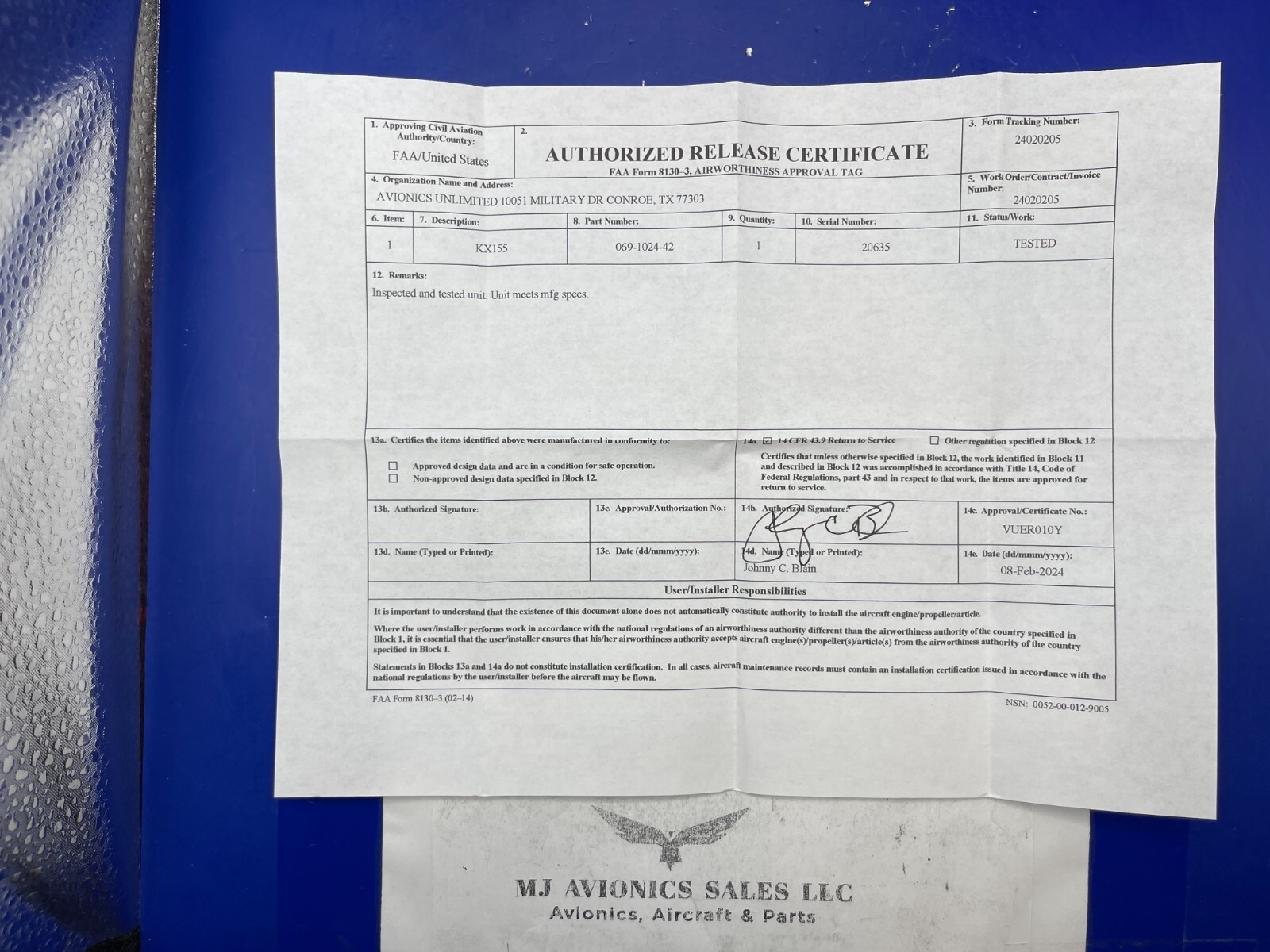 BENDIX/KING KX 155 P/N 069-1024-42 14VDC WITH GLIDE/SLOPE WITH FAA FORM 8130-3