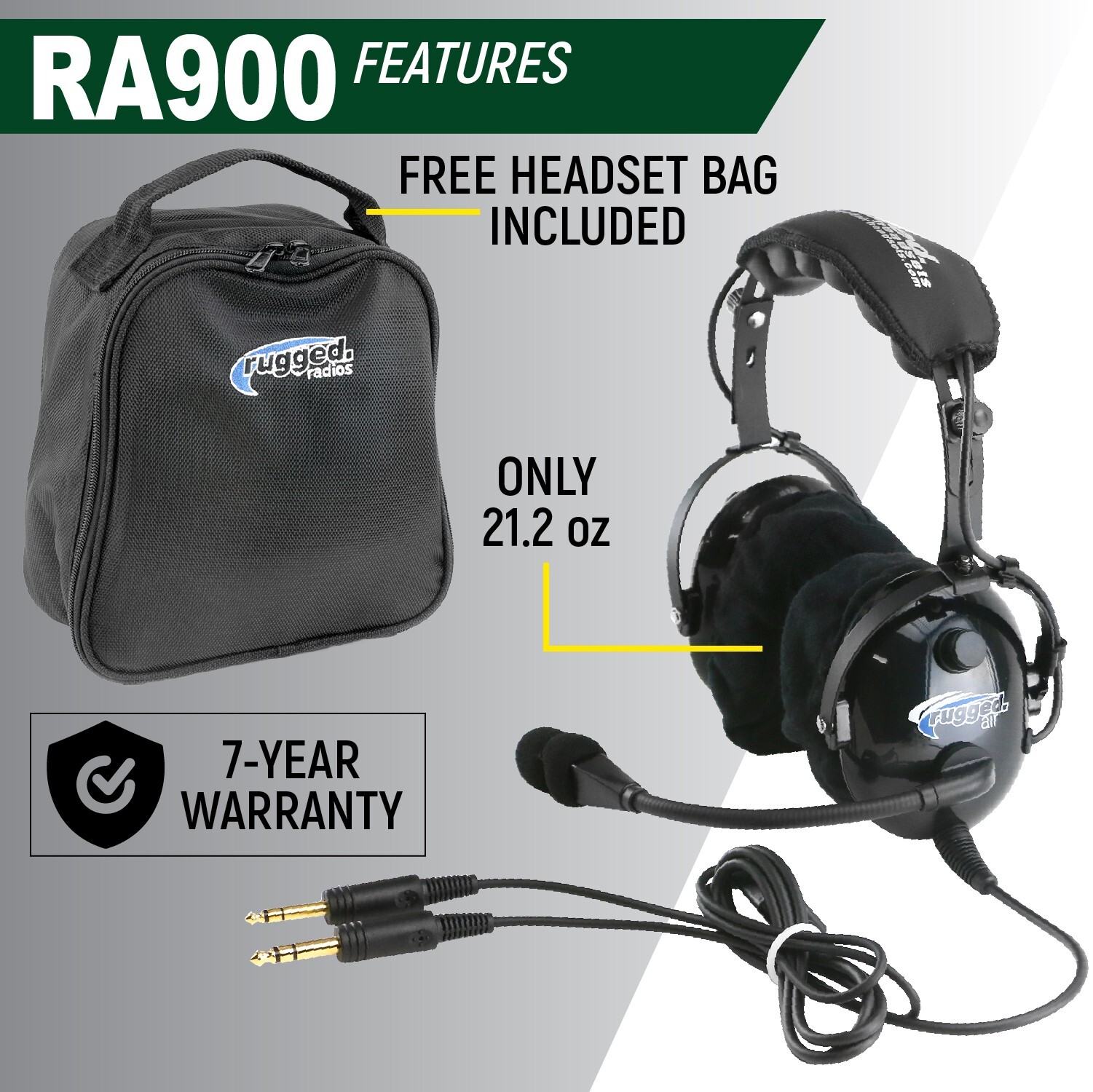 Rugged Air Premium General Aviation Student Pilot Headset GA Stereo Dual Plugs