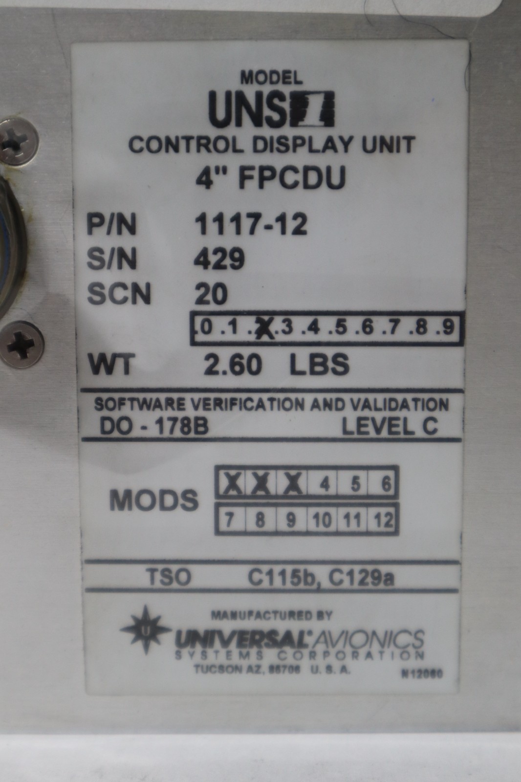 Universal Avionics UNS1 Control Display Unit 4″ FPCDU 1117-12