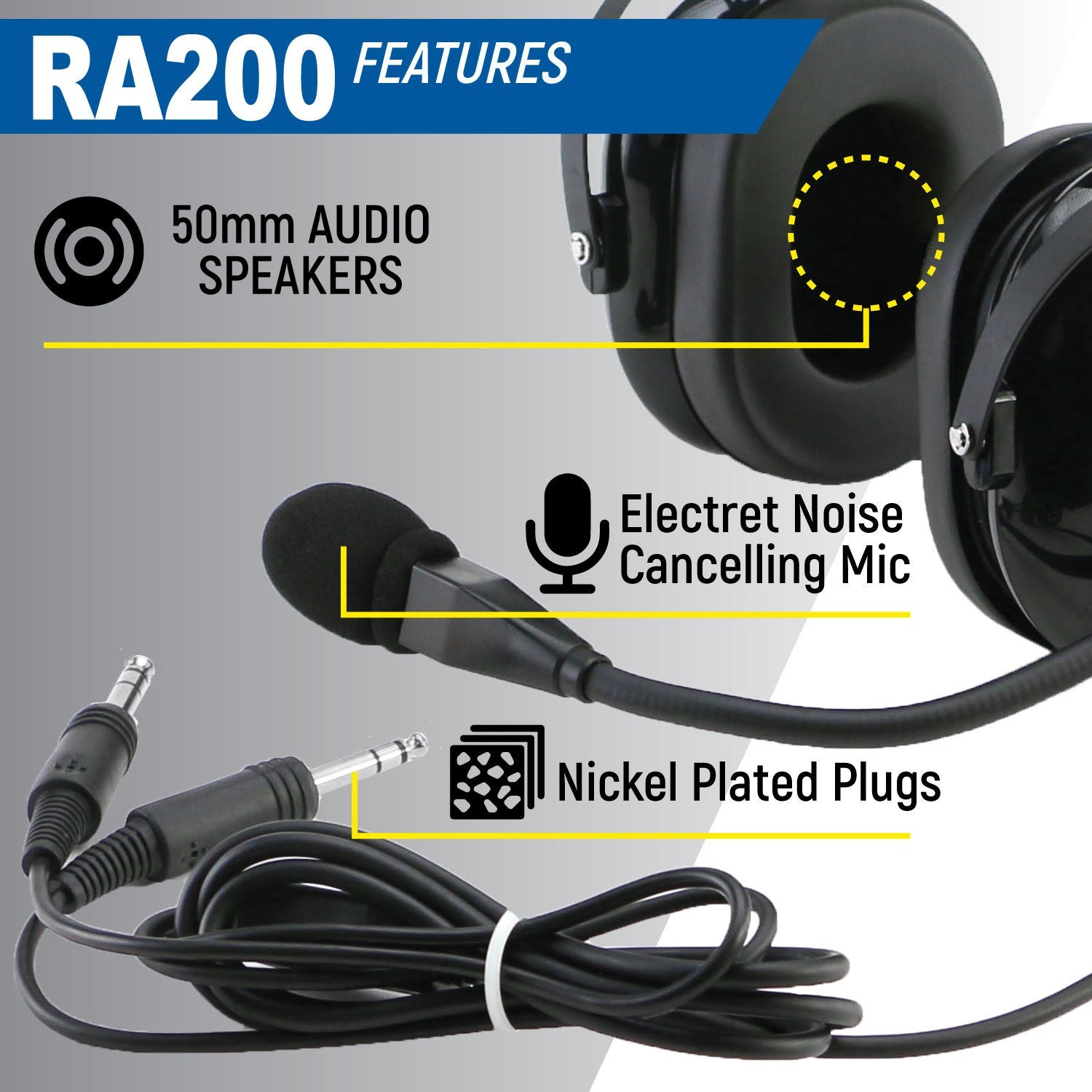 Rugged Air RA200 General Aviation Pilot Headset w/ MP3 Music Input A20 X GA Plug