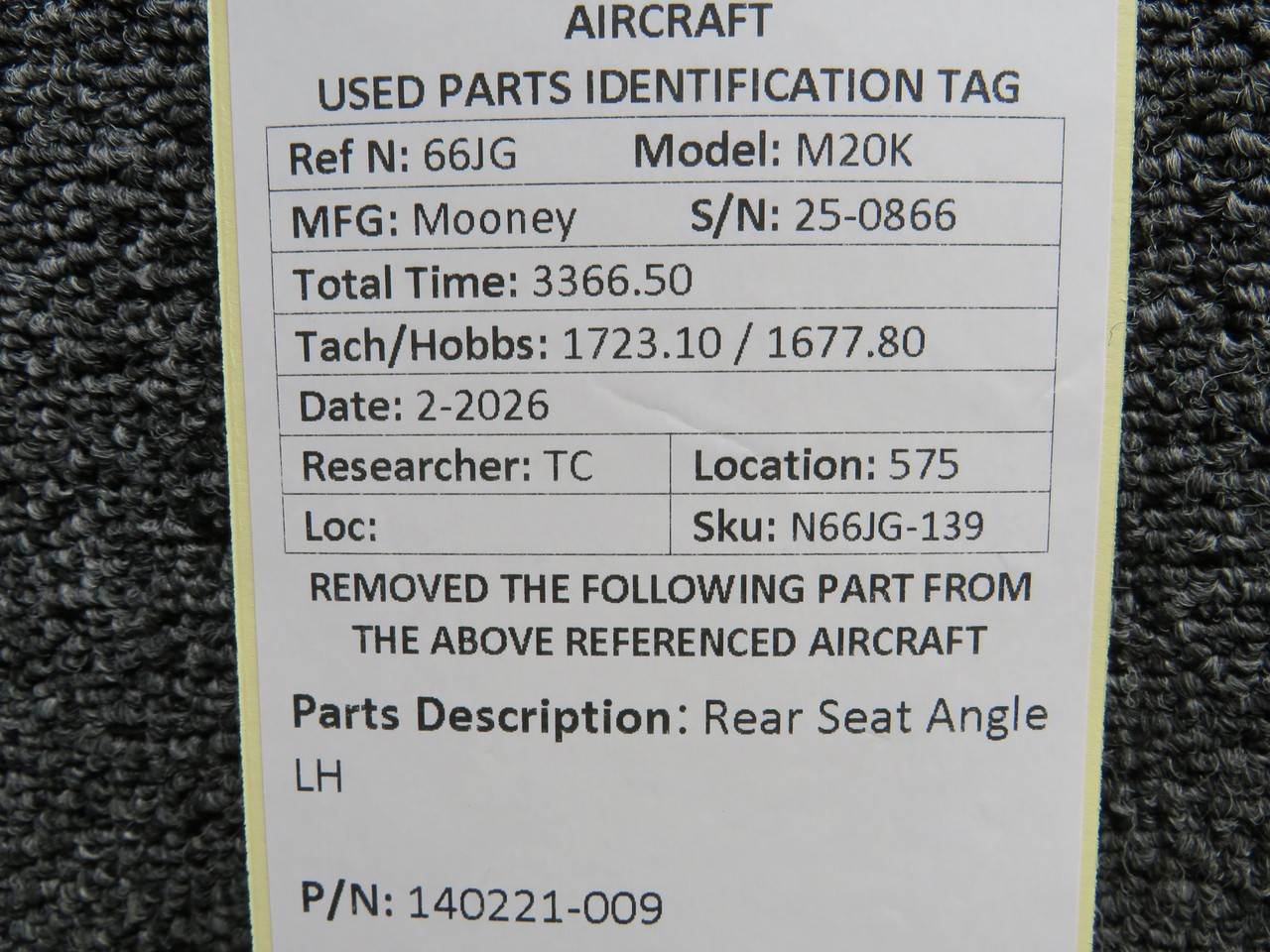 140221-009 Mooney M20K Rear Seat Angle LH