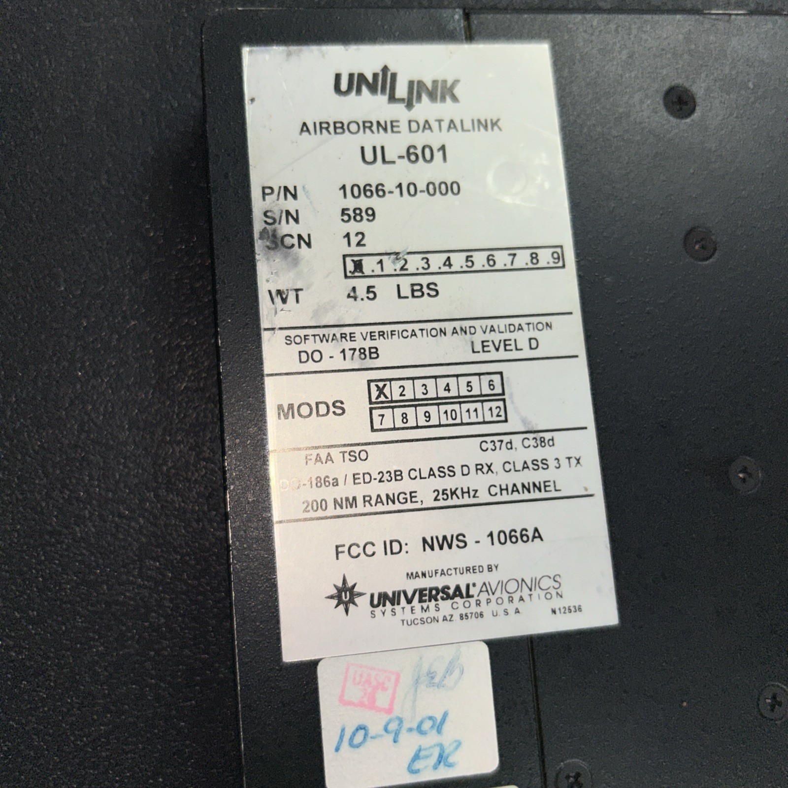 Universal Avionics UL-601 Airborne Datalink P/N 1066-10-000 C2328001-001