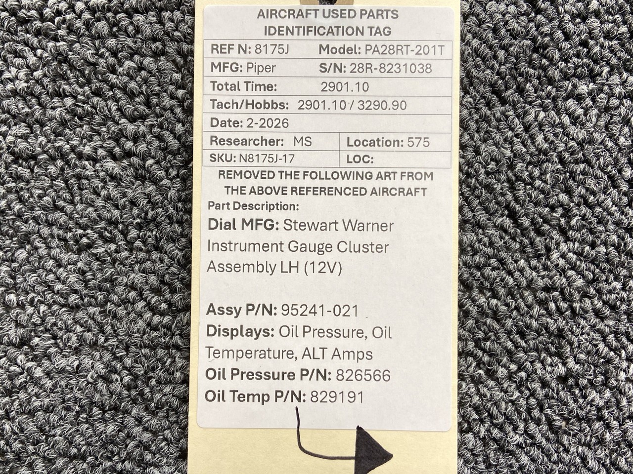 95241-021 Piper PA28RT-201T Instrument Gauge Cluster Assembly LH (12V)