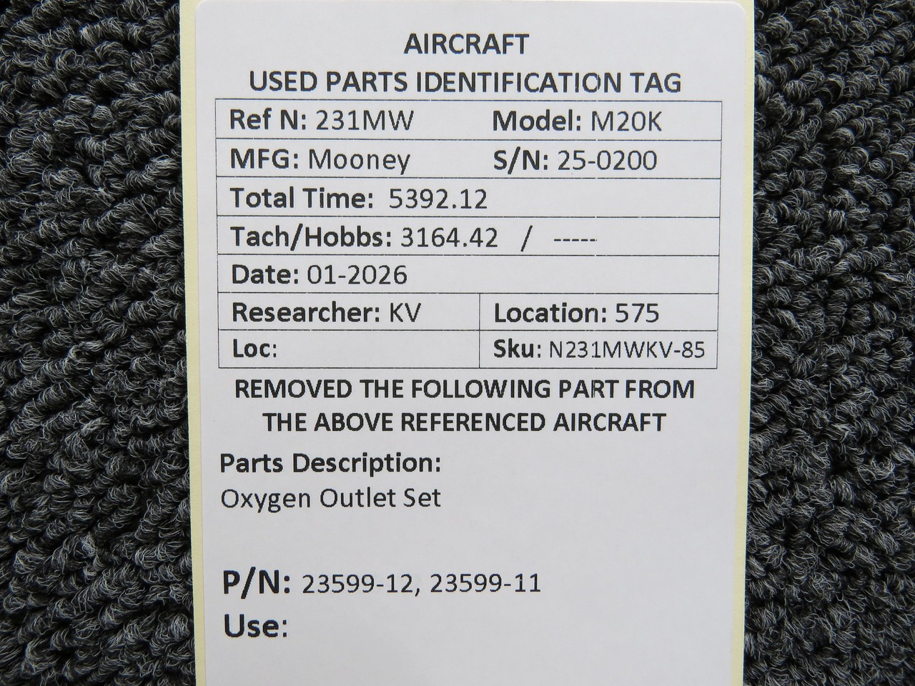 23599-12, 23599-11 Mooney M20K Oxygen Outlet Set