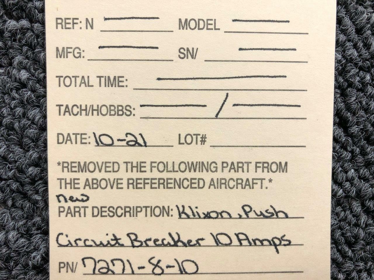 7271-2-10 Klixon Push Circuit Breaker (Amps: 10) (NEW OLD STOCK) (SA)