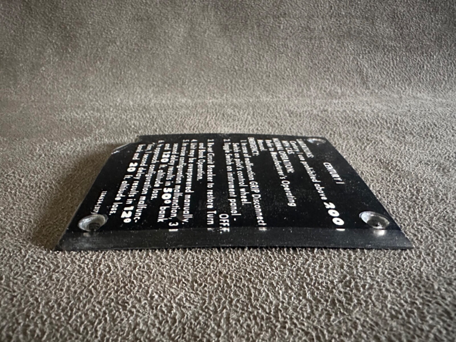Century I Autopilot Operations & Limitations Instruction Placard 13A634-(317)
