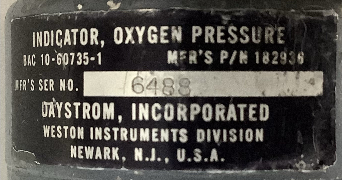 Weston Instruments BAC 10-60735-1 Oxygen Pressure Indicator Gauge P/N 182936