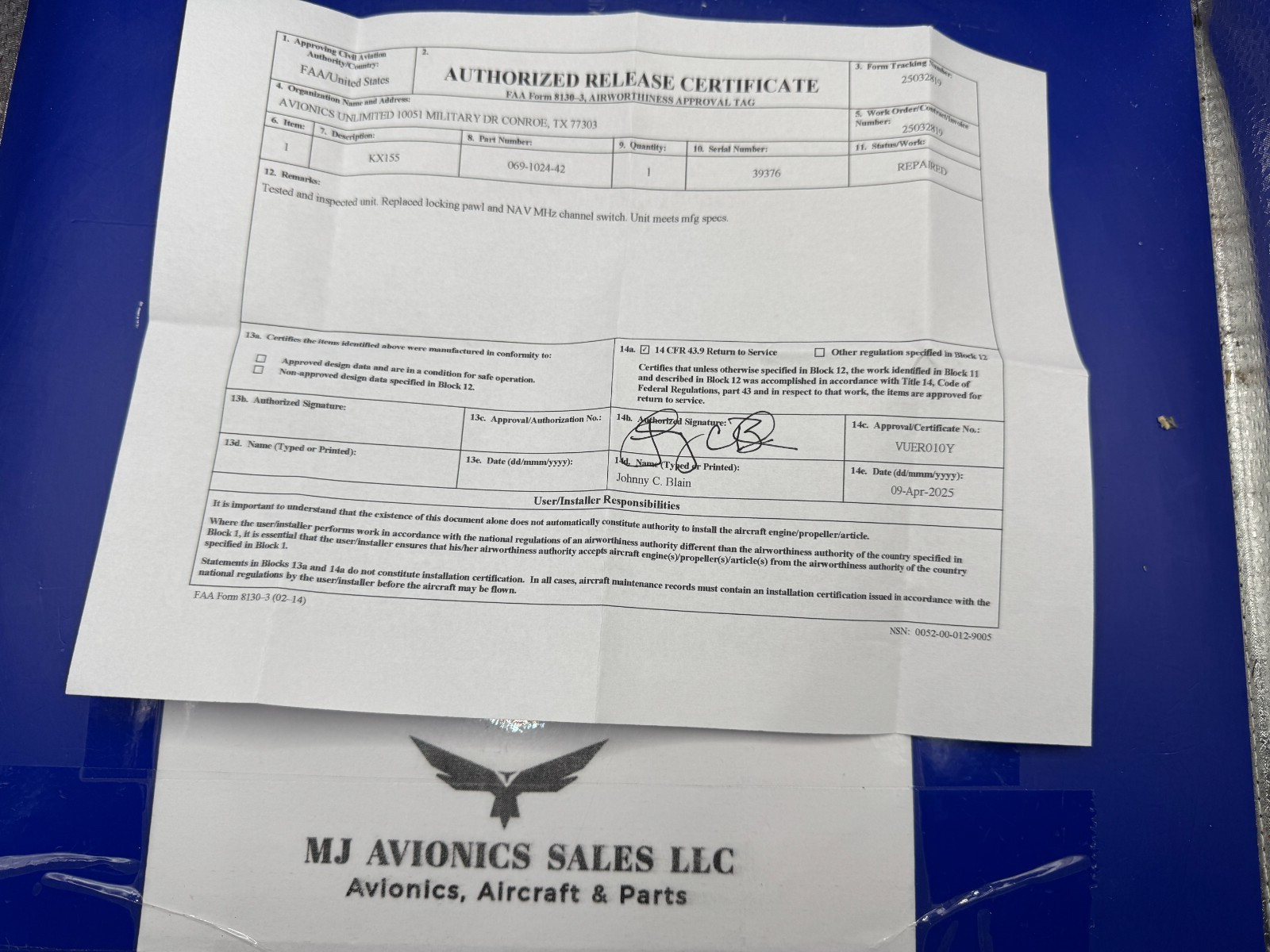 BENDIX/KING KX 155 P/N 069-1024-42 14VDC WITH GLIDE/SLOPE WITH FAA FORM 8130-3