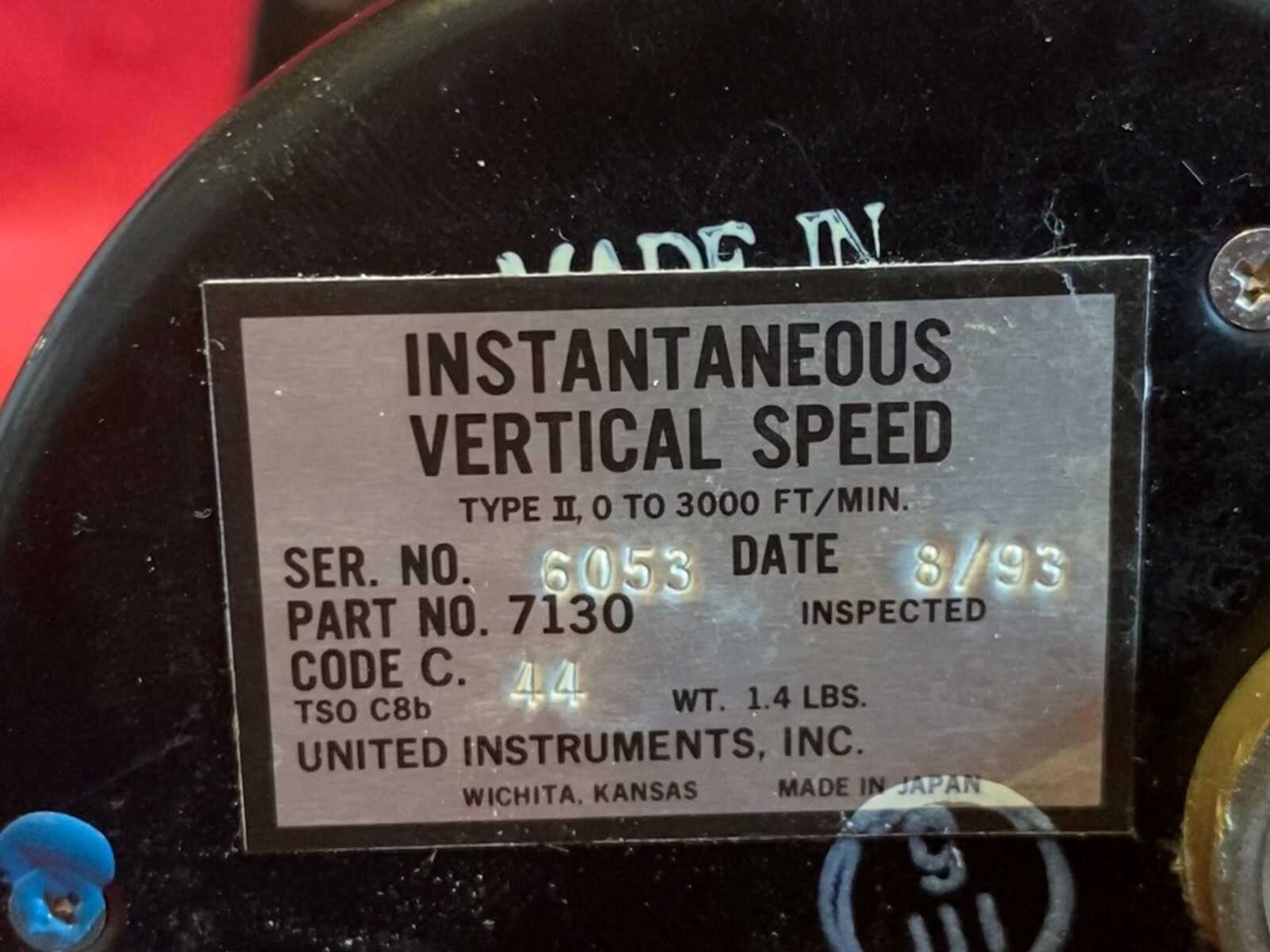 UNITED INSTRUMENTS INSTANTANEOUS VERTICAL SPEED INDICATOR P/N 7130 BEECHCRAFT
