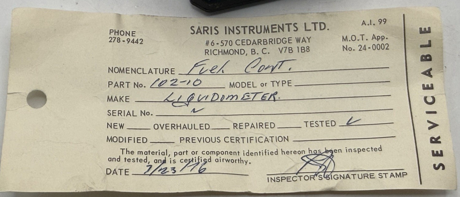 The Liquidometer Corp Aviation Fuel Quantity Indicator, EAEA102-10 As Removed