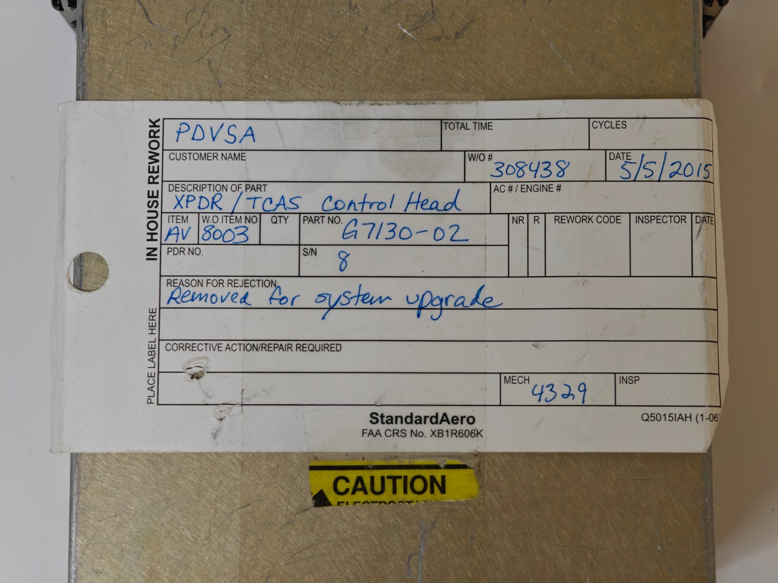 Gables G7130-02 XPDR/TCAS Control Head – AS REMOVED