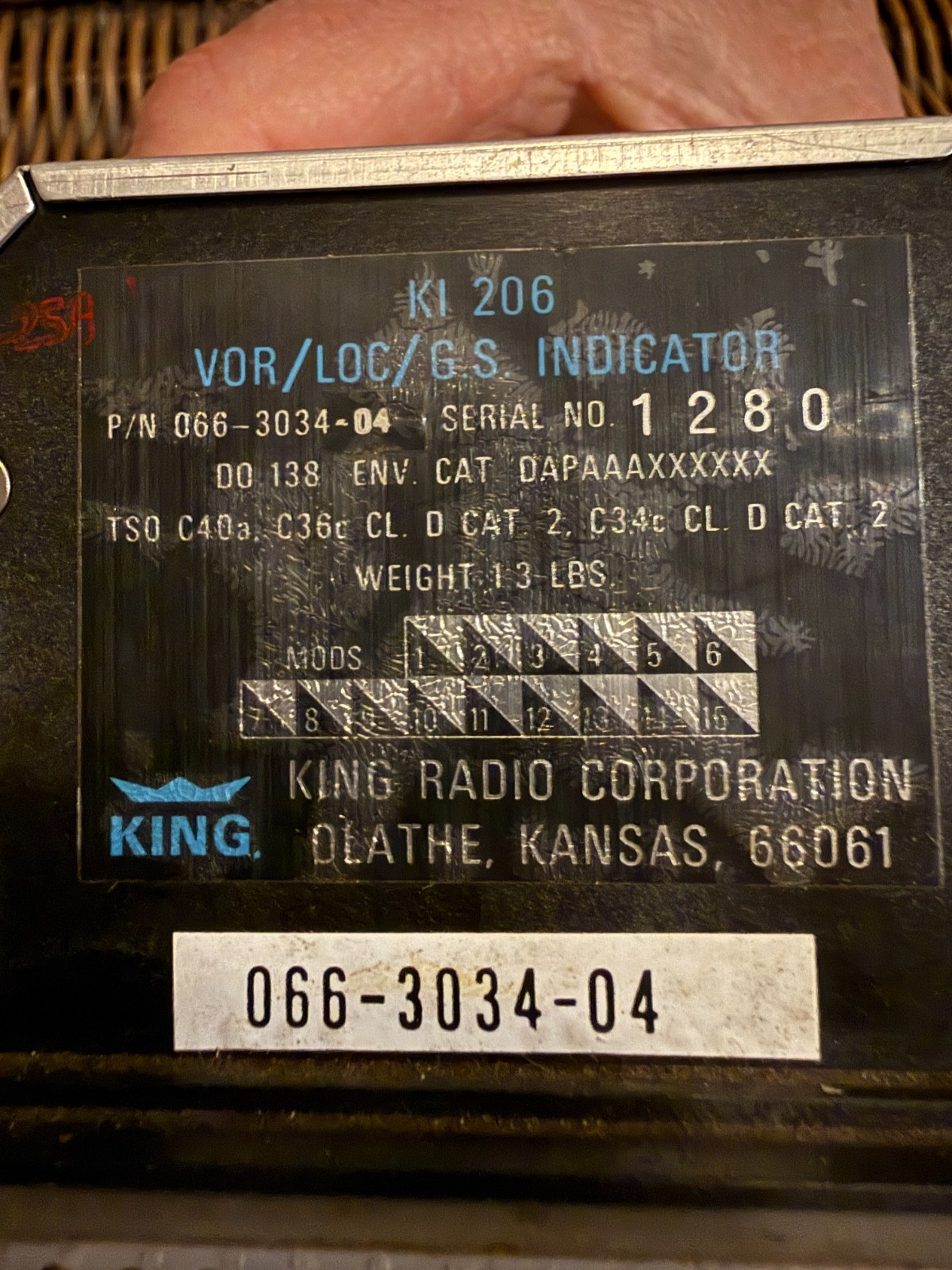 Bendix King KI 206 VOR/LOC/GS Indicator 066-3034-04 Bench Tested FAA 8130-3 Form