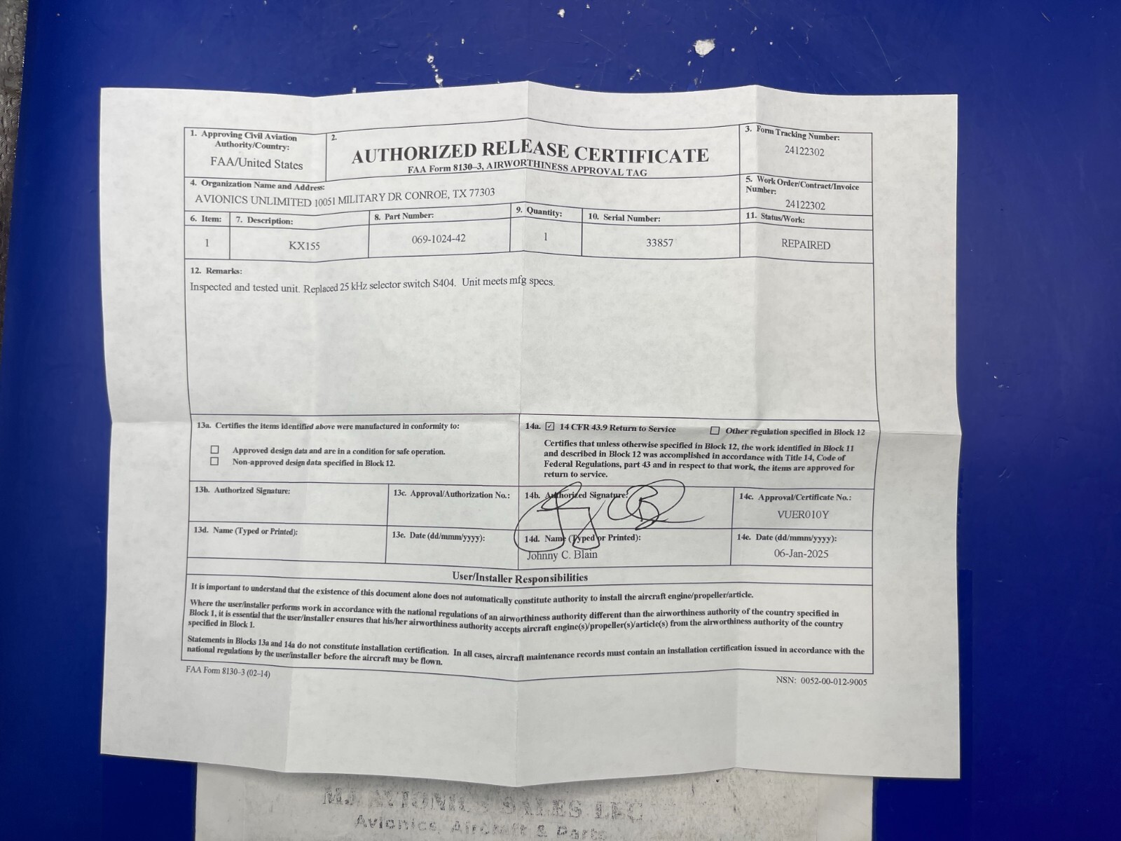 BENDIX/KING KX 155 P/N 069-1024-42 14VDC WITH GLIDE/SLOPE WITH FAA FORM 8130-3