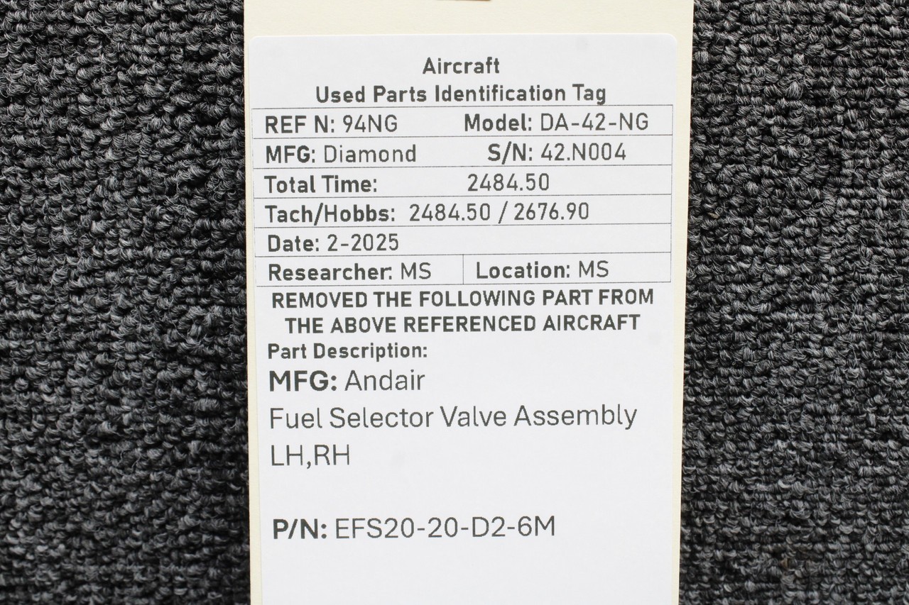 EFS20-20-D2-6M Diamond DA42-NG Andair Fuel Selector Valve Assembly LH or RH