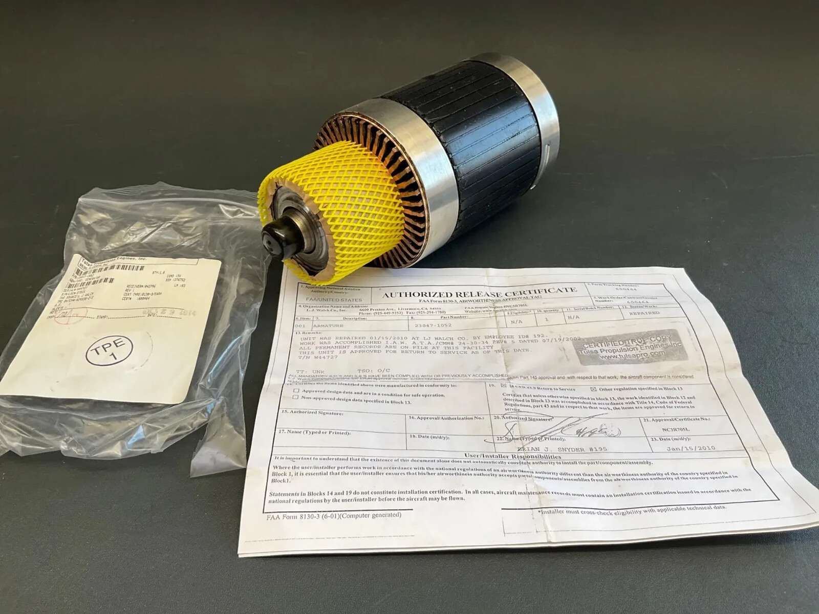 LUCAS GENERATOR ARMATURE 23047-1052 REPAIRED WITH FAA 8130-3 FORM