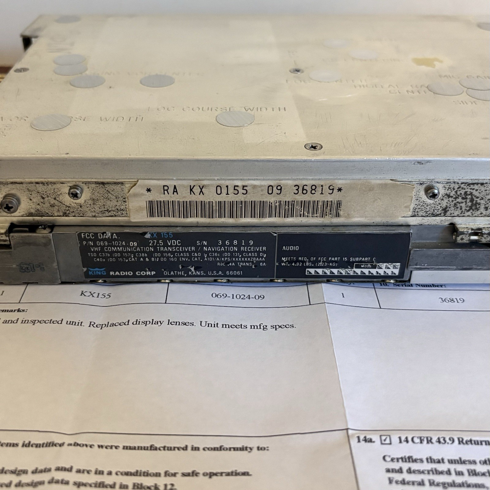 King KX 155 Nav/Com 28 Volt 069-1024-09 With New 8130