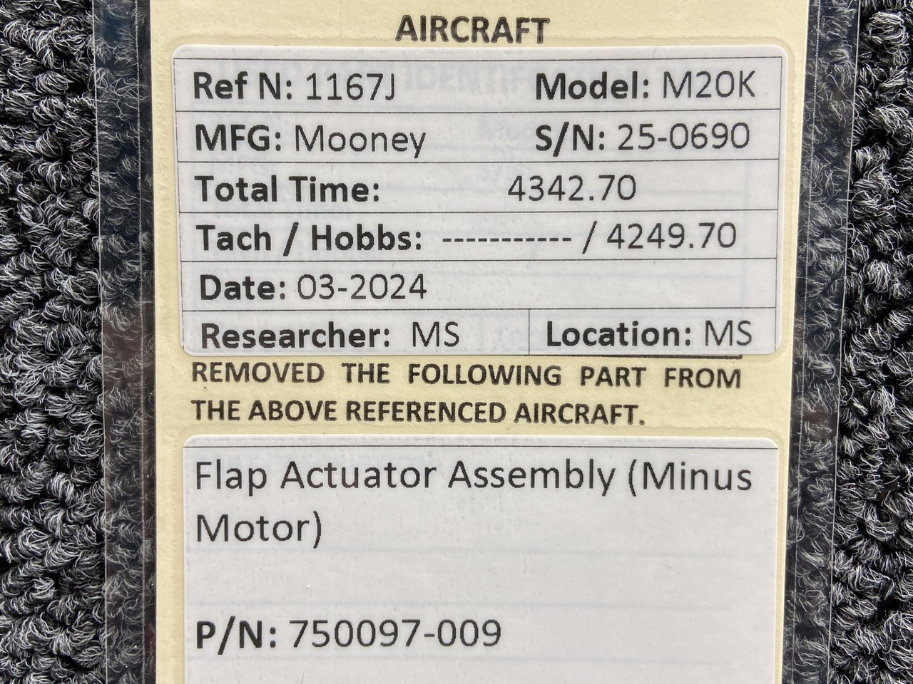 750094-009 Mooney M20K Flap Actuator Assembly (Minus Motor)