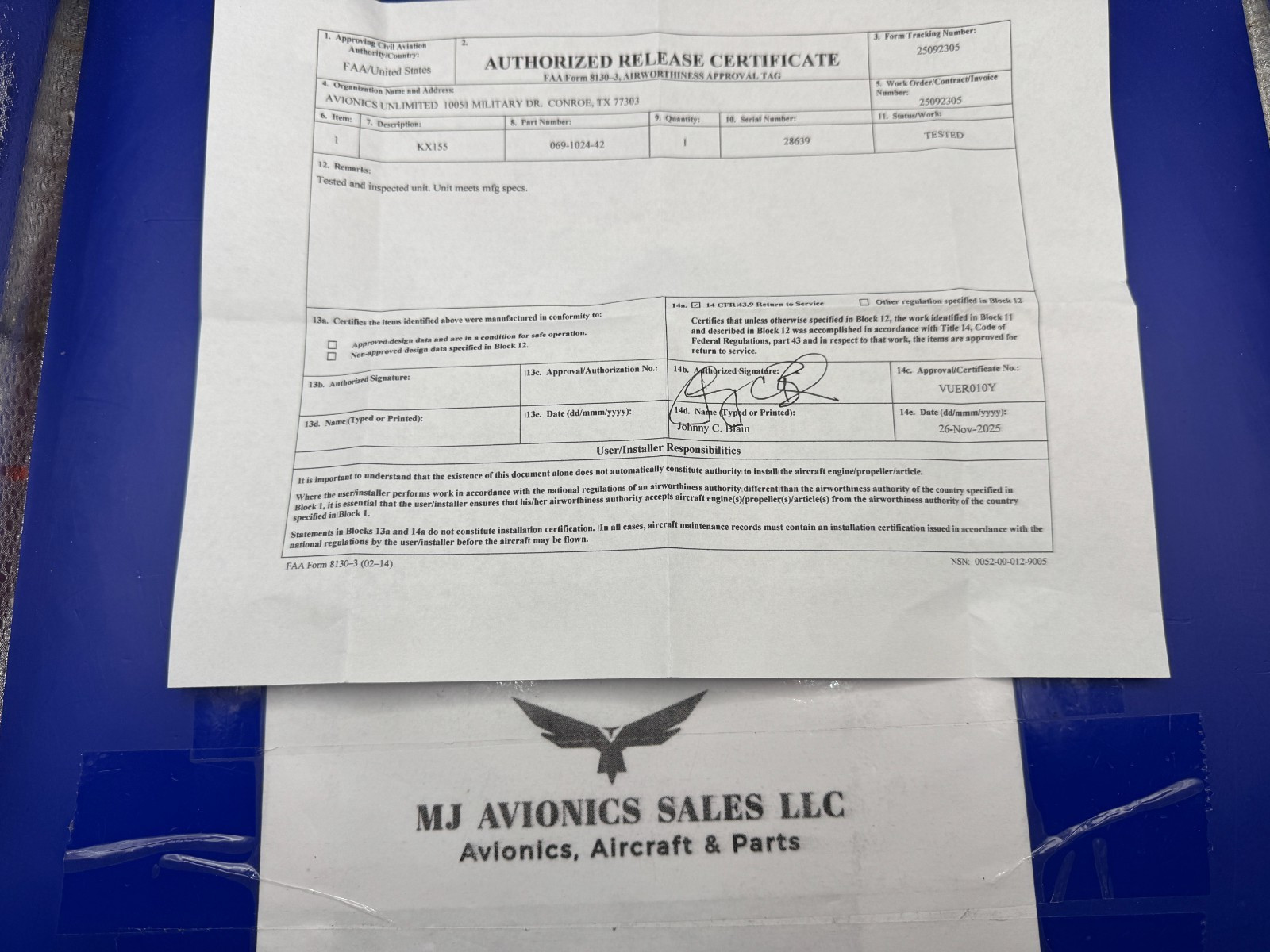BENDIX/KING KX 155 P/N 069-1024-42 14VDC WITH GLIDE/SLOPE WITH FAA FORM 8130-3