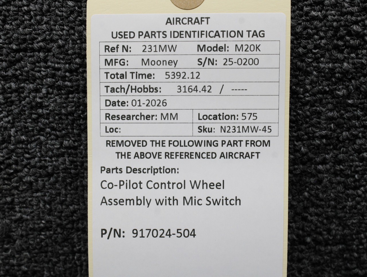 917024-504 Mooney M20K Co-Pilot Control Wheel Assembly with Mic Switch