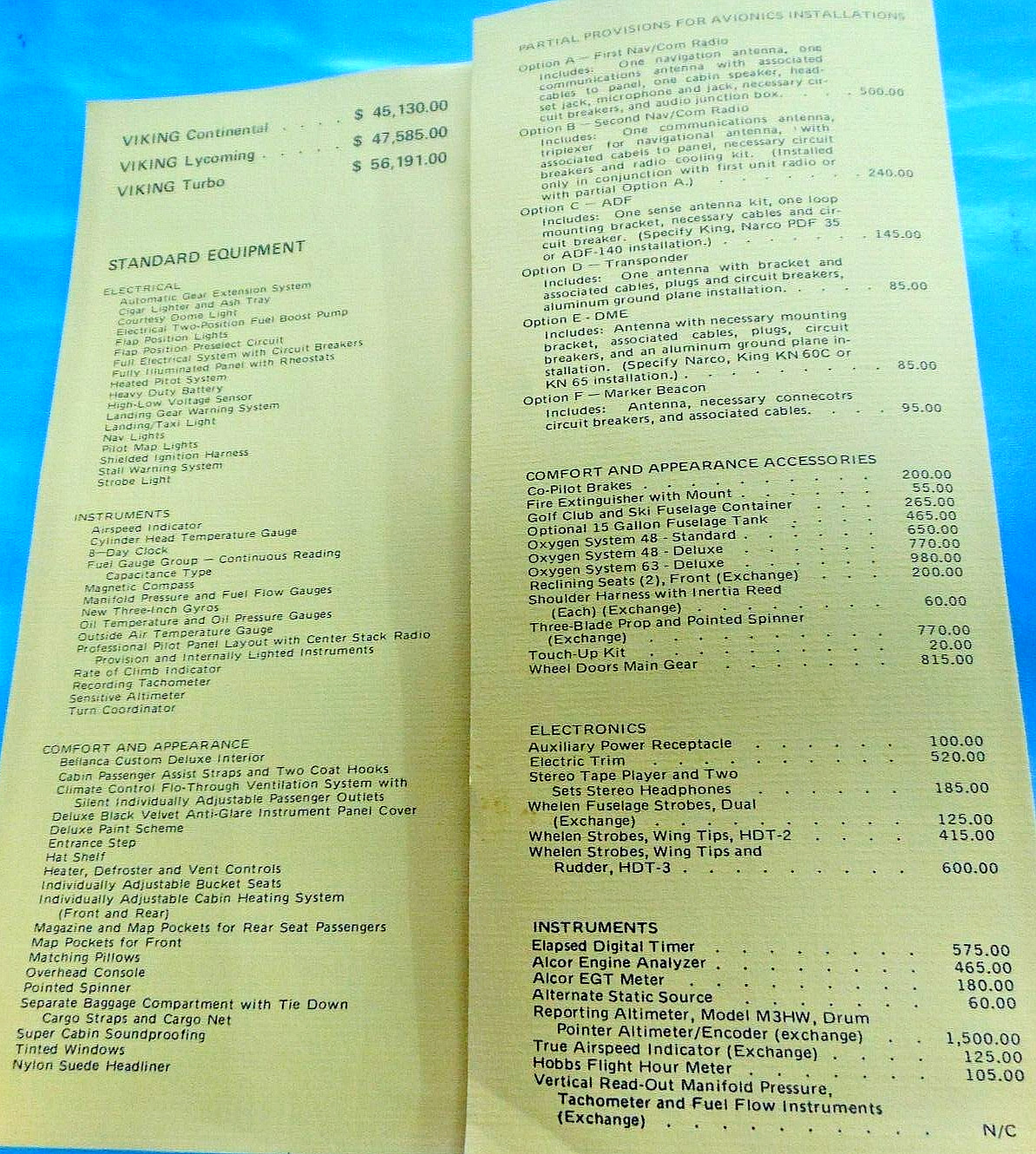 ’75 Bellanca Viking Specs Continental Lycoming Turbo Price List Avionics Std Eqt
