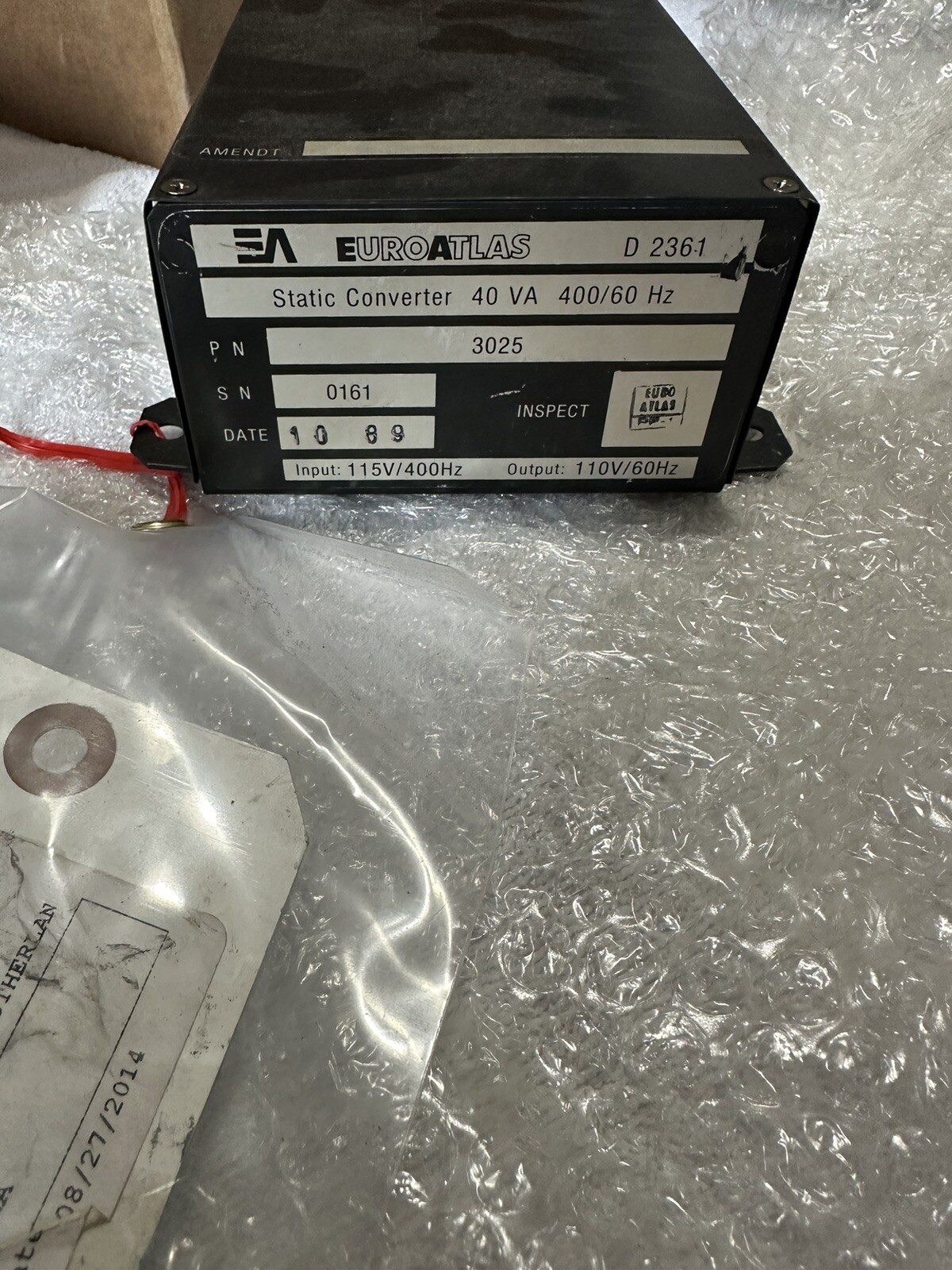 Euro Atlas Airbus A320 Aircraft Static Converter P/N 3025 40 VA 400/60Hz
