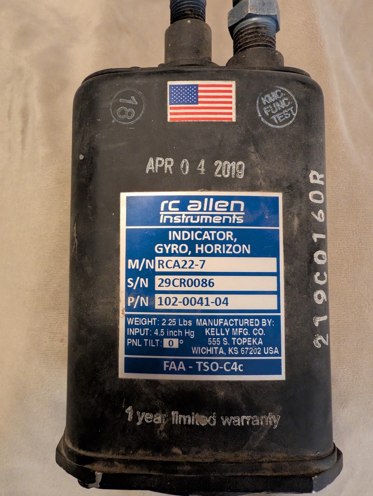 RC Allen Attitude Indicator Gyro Horizon P/N 102-0041-04 RCA22-7 SN 29CR0086