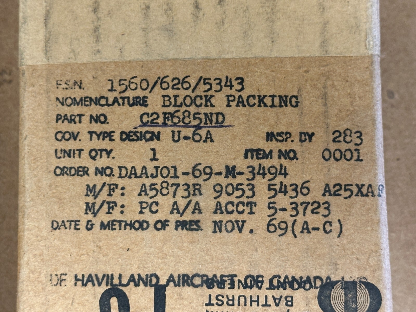 DeHavilland DHC-2 Beaver Block P/N C2F685ND New