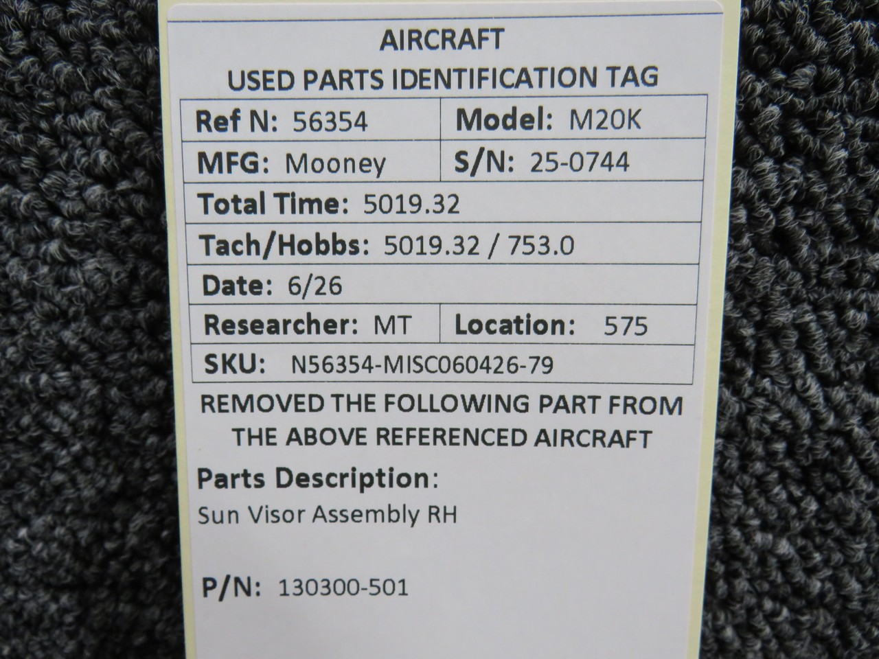 130300-501 Mooney M20 Sun Visor Assembly RH
