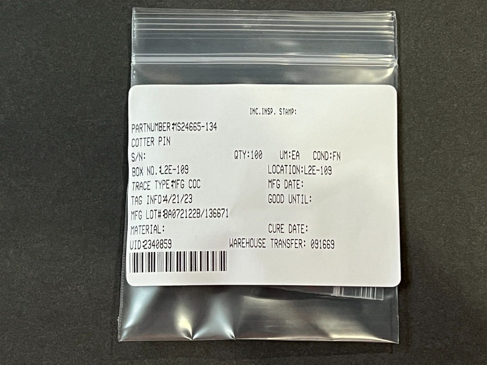 Aircraft Cotter Pins 100 each P/N MS24665-134 NEW