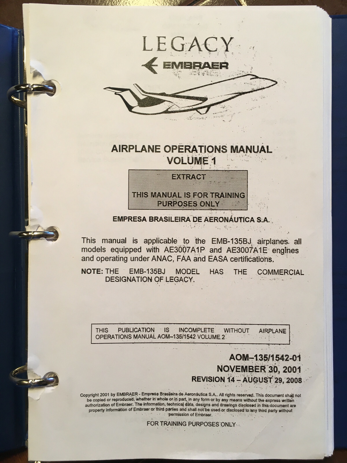 Embraer Legacy EMB-135BJ Airplane Operations Manual, Vol. 1