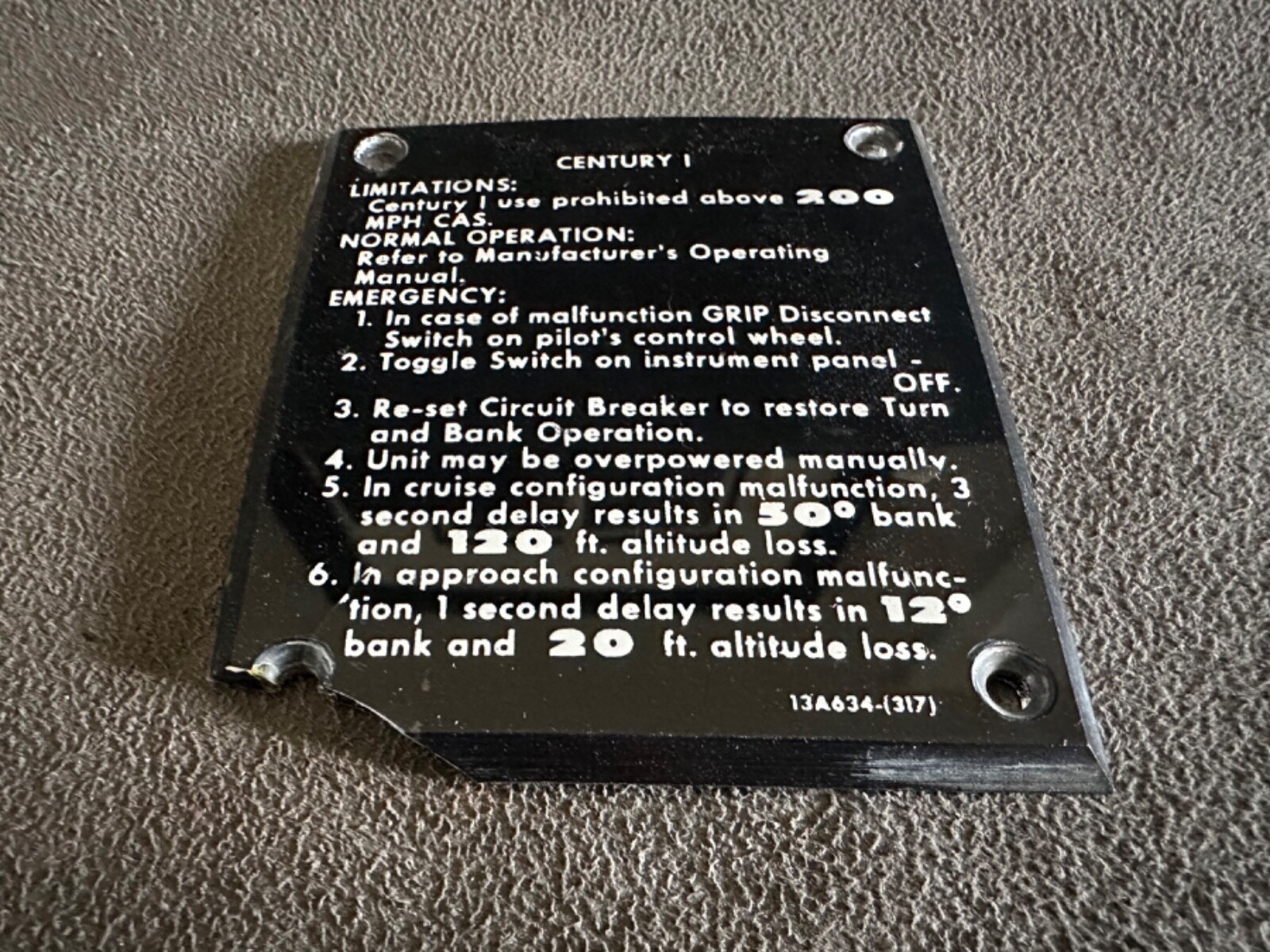 Century I Autopilot Operations & Limitations Instruction Placard 13A634-(317)