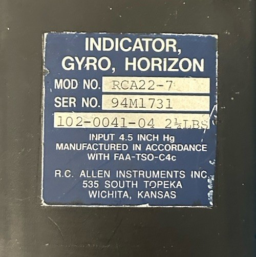 RC ALLEN RCA22-7 Attitude Indicator Gyro Horizon – PN 102-0041-04 – Tested Works