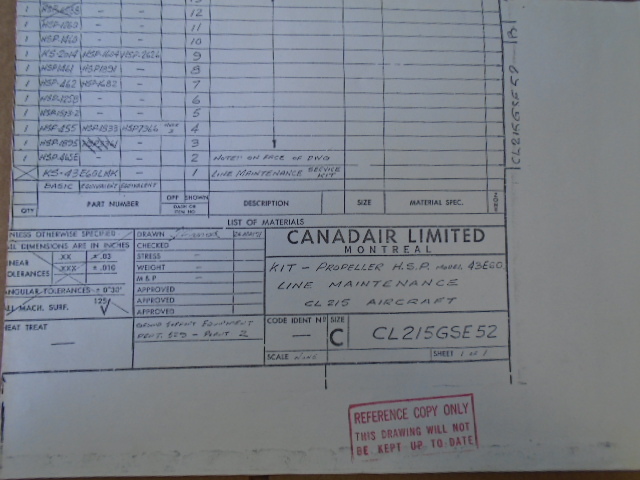 1 EA CANADAIR CL-215 PROPELLER LINE MAINTENANCE KIT DRAWING #CL215GSE-52