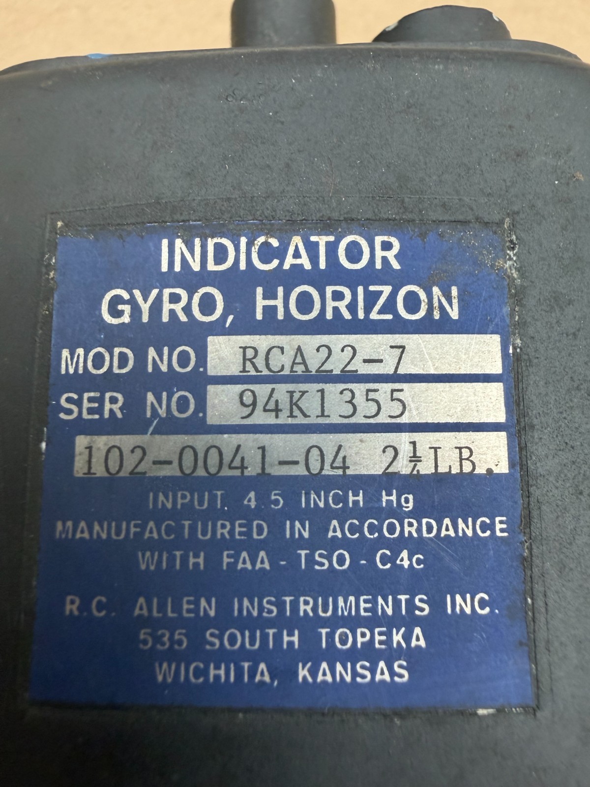 RC Allen Horizon Gyro Indicator RCA22-7 P/N: 102-0041-04 (2626)