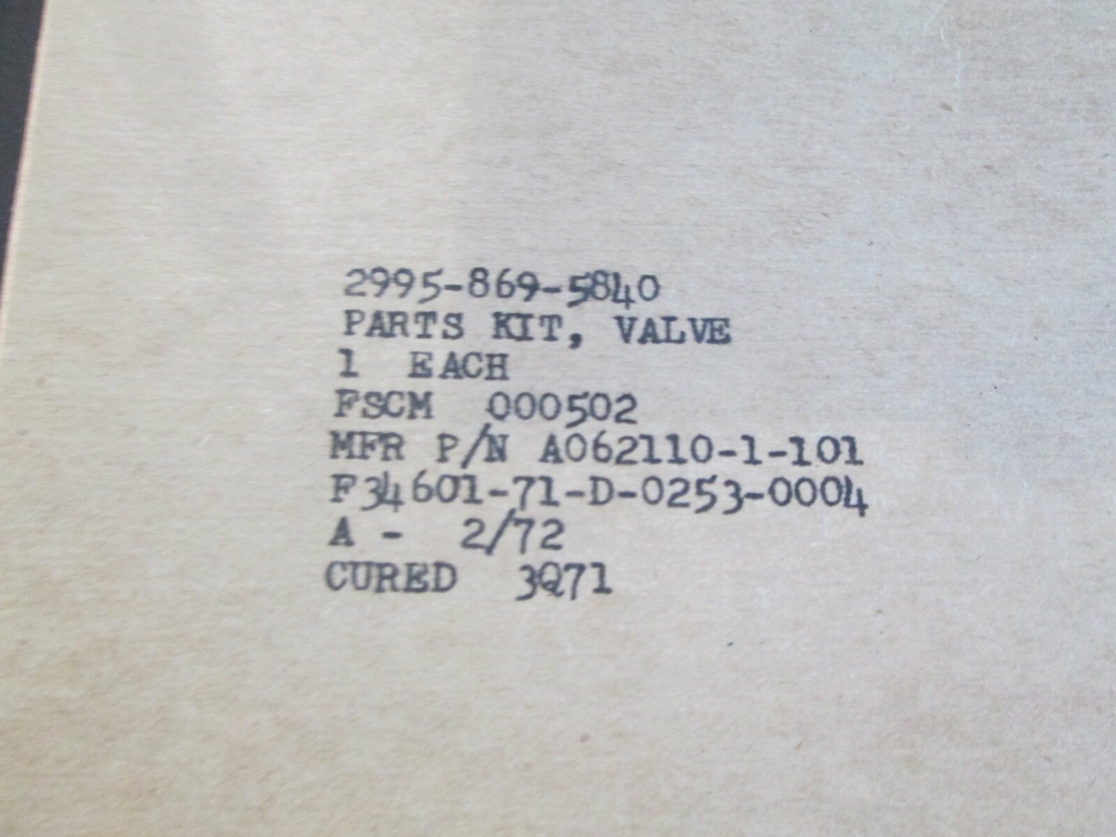 Aircraft Valve Parts Kit P/N A062110-1-101 New