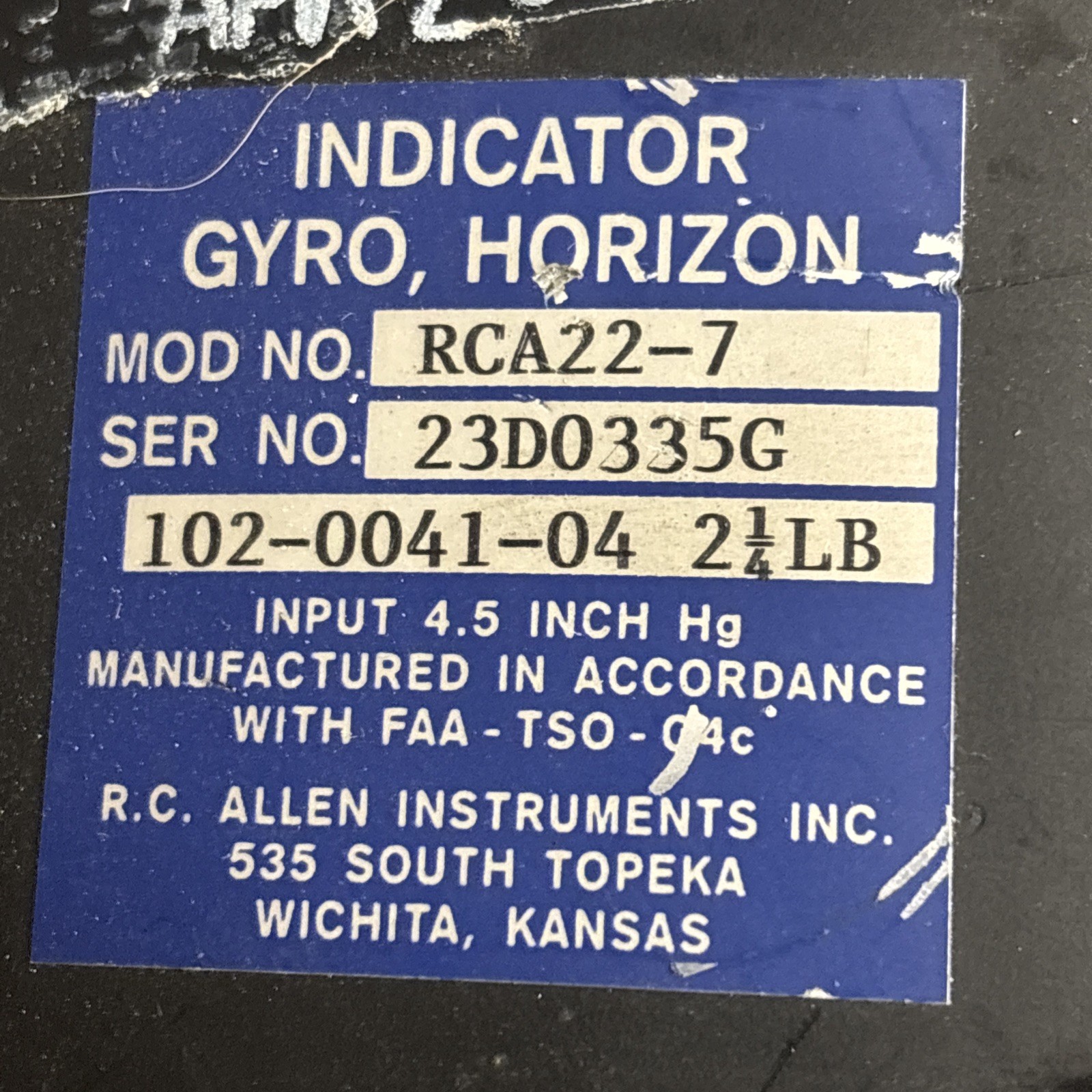 RC Allen Horizon Indicator Gyro P/N RCA22-7 See No.871528 102-0041-04