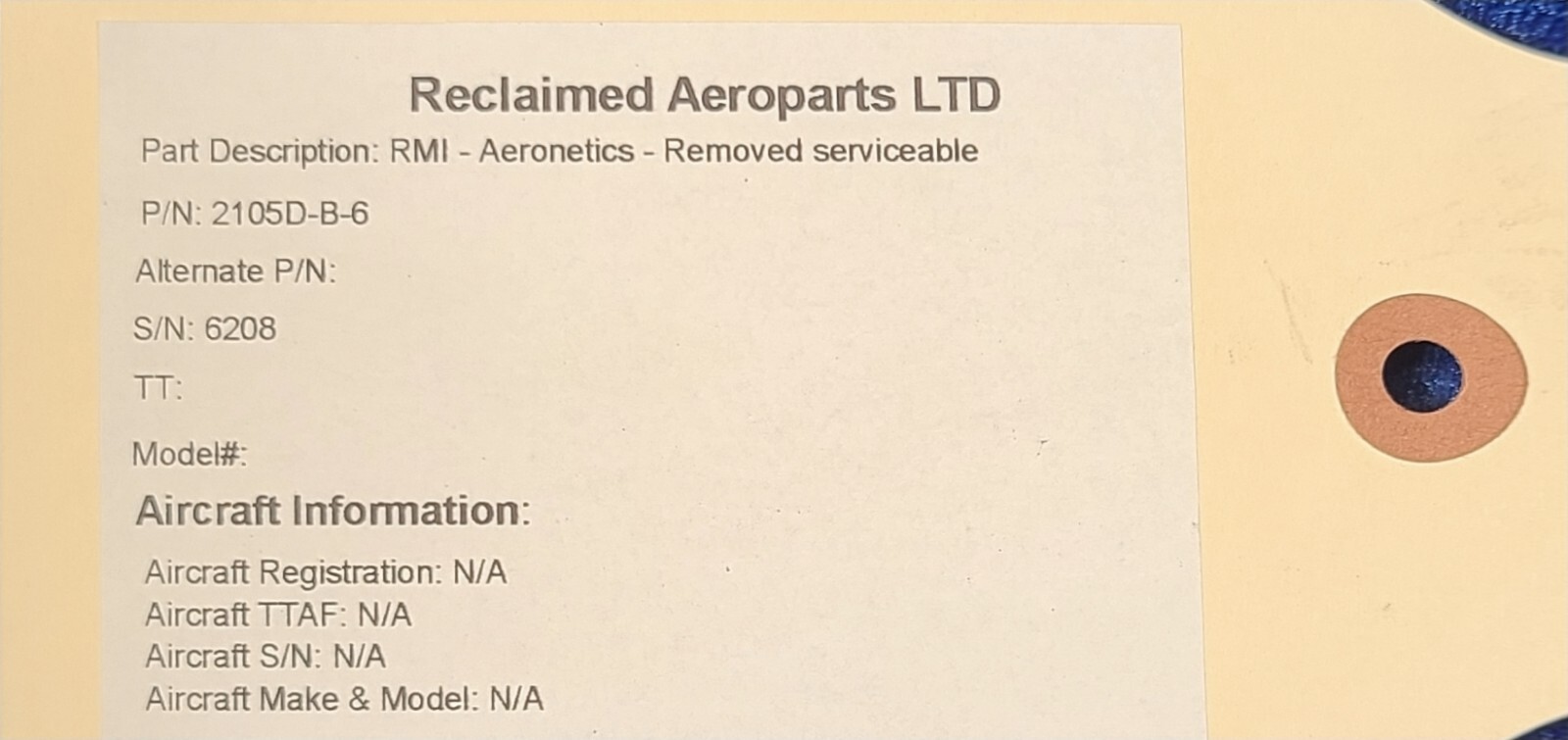 AEONETICS RMI P/N: 2105D-B-6 S/N: 6208