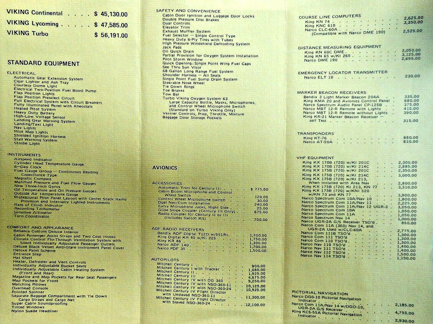 ’75 Bellanca Viking Specs Continental Lycoming Turbo Price List Avionics Std Eqt