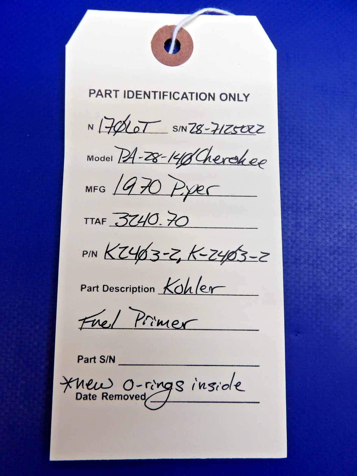 Piper PA-28-140 Cherokee Kohler Fuel Primer P/N K2403-2 (0626-1301)